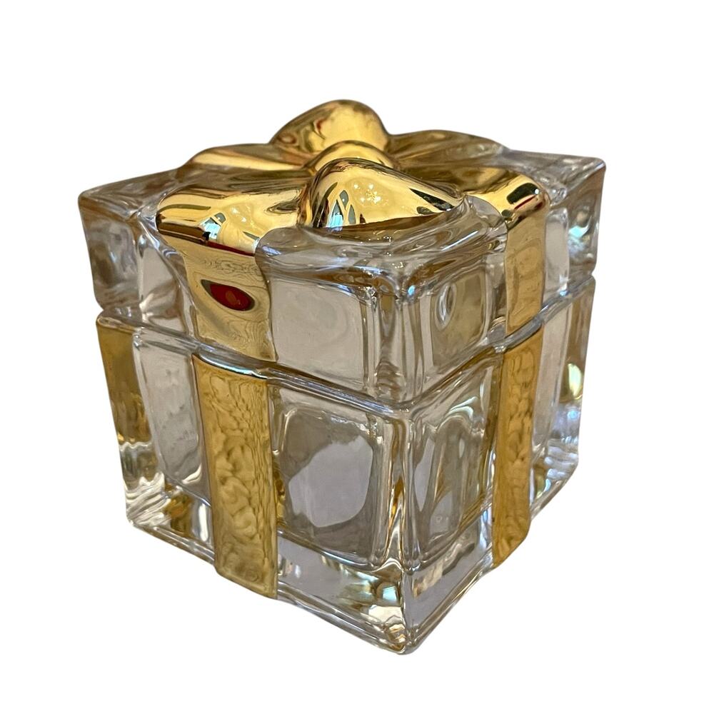 Glass Christmas Present Trinket Box with Gold Bow Lid Chic Holiday Gift Box New